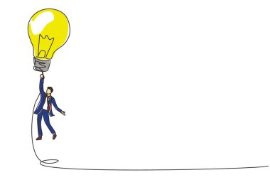 Tek sıra halinde uçan iş adamlarının fikir ampullerini çekmesi. İş problemini, icadı ya da iş büyümesini sağlayacak yeniliği çözmek için büyük bir fikir. Bir çizgi çizimi tasarım vektörü illüstrasyonu