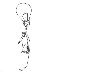 Tek sıra halinde uçan Arap işadamı fikir ampulleri taşıyor. İş problemini, icadı, iş büyümesini sağlayacak yeniliği çözmek için büyük bir fikir. Devamlı çizgi çizimi tasarım vektörü illüstrasyonu