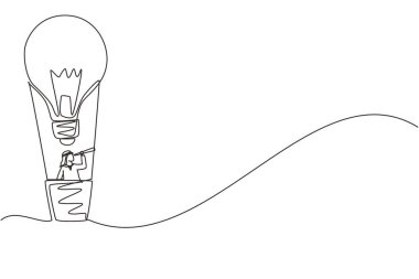 Sıcak hava balonu ampulüyle teleskoptan bakan Arap işadamlarının çizdiği tek sıra. Ampul balonlu adam başarıya gidiyor. İş fikri konsepti. Bir çizgi çizme tasarım vektörü