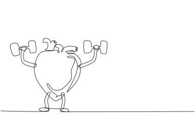 Dambıl ağırlığıyla egzersiz yapan sevimli, mutlu, sağlıklı bir kalp organı çizen tek bir çizgi. Kalp yüz, fitness egzersizi, spor, kaldırma kavramı. Modern sürekli çizgi tasarım vektörü