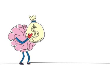 Zengin insan beyni çizimleri çizen tek sıra para torbalarını barındırıyor. Para dolu çanta tutan şirin beyin maskotu illüstrasyonu. Dinamik bir çizgi çizer grafik tasarım vektörü çizer