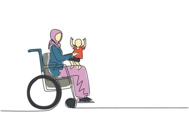 Tek sıra halinde çocuğuyla mutlu engelli anne çiziyor. Engelli bir Arap kadın kucağında bebek taşıyor. Aile sevgisi kavramı. Fiziksel engellilik ve toplum. Devamlı çizgi çizim tasarım vektörü