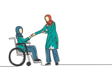 Sürekli bir hat, engelli istihdamı, engelliler için çalışma. Tekerlekli sandalyede oturan Arap kadın, meslektaşıyla el sıkışıyor. Tek çizgi çizimi tasarım vektör çizimi