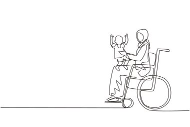 Tek sıra halinde çocuğuyla mutlu engelli anne çiziyor. Engelli bir Arap kadın kucağında bebek taşıyor. Aile sevgisi kavramı. Fiziksel engellilik ve toplum. Devamlı çizgi çizim tasarım vektörü