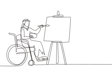 Tekli sandalyedeki engelli bir Arap 'ın tuvale manzara çizmesi. Rehabilitasyon fizyoterapi kavramı. Fiziksel yetersizlik. Aralıksız çizgi çizimi tasarım grafik vektör çizimi