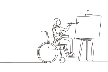 Tek sıra, tekerlekli sandalyedeki engelli Arap kadını tuvale manzara resmi çiziyor. Rehabilitasyon fizyoterapi kavramı. Fiziksel yetersizlik. Devamlı çizgi çizimi tasarım vektörü illüstrasyonu