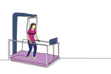 Sürekli olarak fizyoterapi rehabilitasyon izometrik kompozisyonu çizen bir hat üzerinde çalışan bir kadın egzersiz yapıyor. Sağlık hizmetleri. Tek çizgi çizimi tasarım vektör çizimi