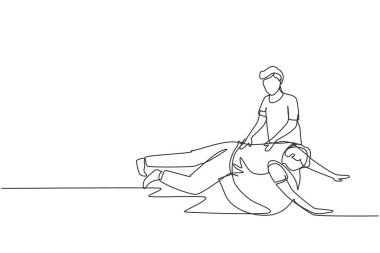 Continuous one line drawing physiotherapy rehabilitation isometric composition with man patient lying on top of rubber ball with medical assistant. Single line draw design vector graphic illustration clipart