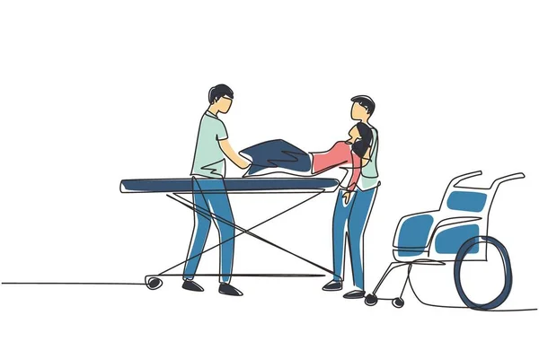 Una Línea Continua Dibujando Una Paciente Inconsciente Sala Emergencias Enfermera — Vector de stock