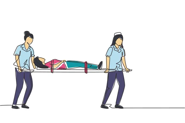 Jedna Souvislá Čára Kreslí Zdravotnický Tým Ženských Doktorů Pohybujících Zraněným — Stockový vektor