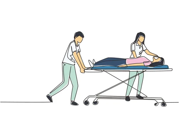 Одна Лінія Малювання Лікарів Штовхає Гуру Хворою Жінкою Кімната Лікарні — стоковий вектор