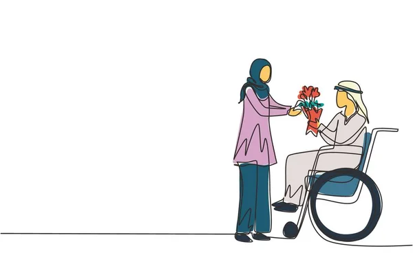 Una Sola Línea Continua Dibujo Árabe Mujer Hombre Discapacitado Silla — Vector de stock