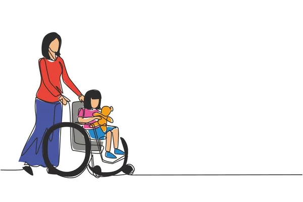 Nepřetržitá Kresba Matky Zdravotně Postiženou Dcerou Invalidním Vozíku Přišla Vyšetření — Stockový vektor