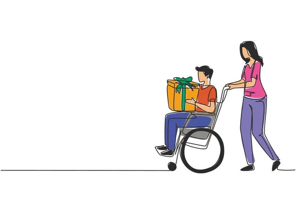Nepřetržitá Jedna Čára Kreslí Mladé Ženy Postižené Muže Invalidním Vozíku — Stockový vektor