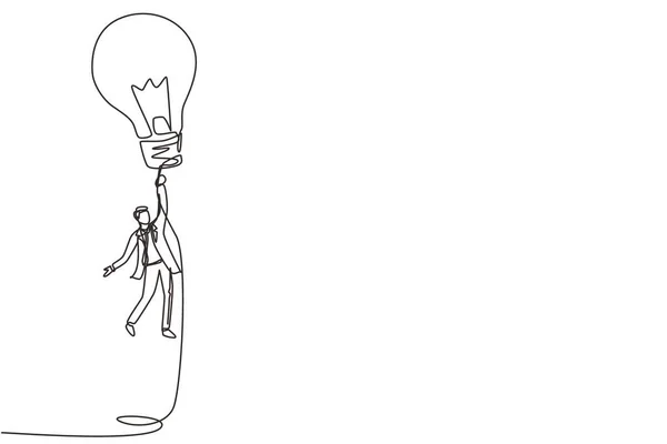 Una Línea Continua Dibujando Hombres Negocios Volando Sosteniendo Bombillas Ideas — Vector de stock