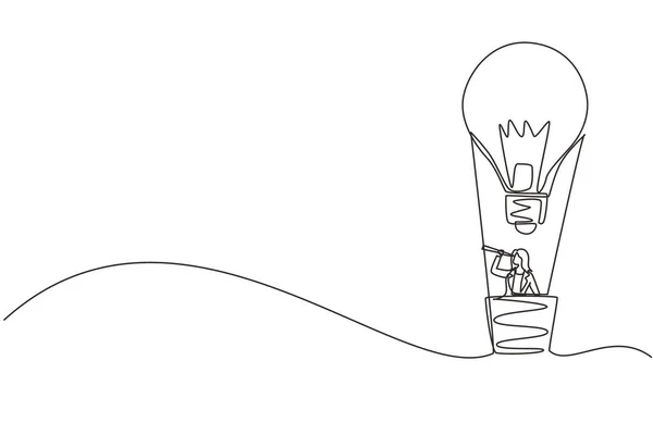 Eine Durchgehende Linie Zeichnet Geschäftsfrau Die Durch Teleskop Heißluftballon Glühbirne — Stockvektor