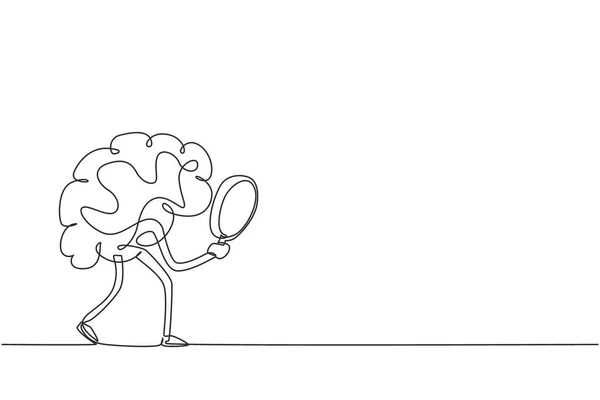 Einzeilige Zeichnung Gehirn Maskottchen Charakter Mit Lupe Auf Der Suche — Stockvektor