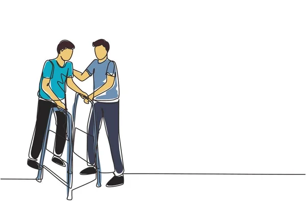 Una Sola Línea Continua Dibujando Hombre Caminando Rehabilitación Médica Centro — Archivo Imágenes Vectoriales