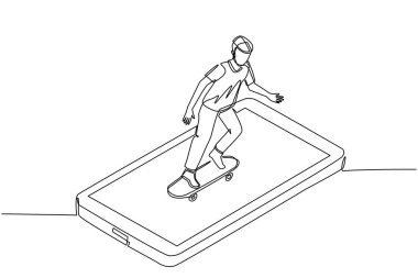 Akıllı telefon ekranında kaykaya binen genç bir adamın sürekli çizdiği bir çizgi. Sıradan kıyafetler içinde şık bir erkek patenci. Havalı adam şehirde geziyor, açık hava aktiviteleri yapıyor. Tek çizgi çizme tasarım vektörü