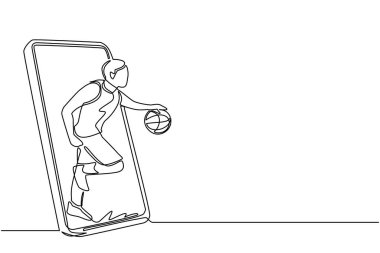 Akıllı telefon ekranından top ile koşan ve salya akıtan tek çizgi basketbolcuyu çekiyor. Uygulama basketbollu akıllı telefon. Dinamik bir çizgi çizer grafik tasarım vektörü çizer
