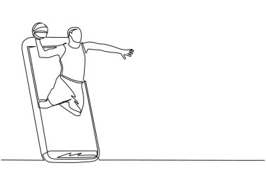 Tek bir çizgi basketbolcunun zıplamasını ve akıllı telefon ekranından smaç basmasını çekiyor. Canlı mobil uygulamalı çevrimiçi basketbol oyunu. Aralıksız çizgi çizimi tasarım grafik vektör çizimi