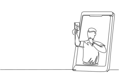 Sürekli bir çizgi halinde futbol hakemi akıllı telefon ekranından sarı kart gösteriyor. Uygulamalı futbol topu olan akıllı telefon. Mobil spor akış şampiyonluğu maçı. Tek çizgi çizme tasarım vektörü