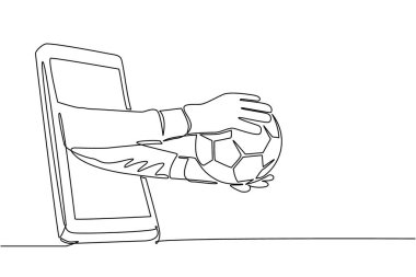 Tek bir çizgi kalecinin ellerini topun üstünde gezdirirken çiziyor. Online oyunlar, spor yayınları için konsept. Uygulamalı futbol topu olan akıllı telefon. Devamlı çizgi çizimi tasarım vektörü grafiği