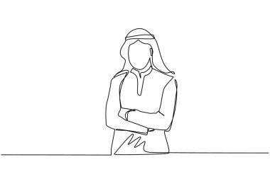 Aralıksız tek sıra halinde kolları bağlı genç Arap işadamını çekiyor. Geleneksel giysiler içinde kollarını kavuşturmuş yalnız duran bir erkek. Tek çizgi çizimi tasarım vektörü grafik çizimi
