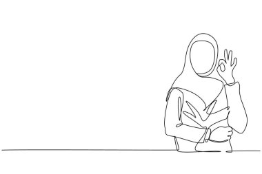 Tek sıra halinde tesettürlü, tamam işareti yapan Arap bir kadın. Tamam işaret dili, jest dili kavramı. Kadın ayakta duruyor. Parmaklarıyla tamam işareti gösteriyor. Devamlı çizgi çizimi tasarım vektörü illüstrasyonu