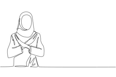 Aralıksız tek sıra halinde genç Arap bir kadının kollarını kavuşturması ve el hareketi yapmaması. X şeklini alan kişi, elleri ve negatif ifadesi olan dur işareti. Bir çizgi çizimi tasarım vektörü illüstrasyonu