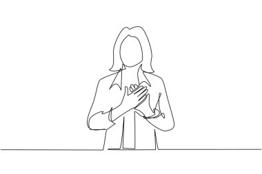 Sürekli bir çizgi halinde genç bir kadın ellerini göğsüne koyuyor. Göğüs ağrısı ya da kalp krizi geçiren bir kadın. Sağlık hizmeti konsepti. Duygu ve vücut dili. Tek çizgi çizimi tasarım vektörü grafiği