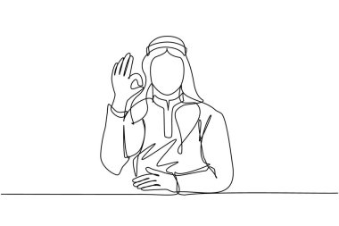 Geleneksel giysiler içinde Arapça bir adam çiziyor, tamam işareti yapıyor. Tamam işaret dili, jest dili kavramı. Gülümseyen erkek parmaklarıyla tamam işareti gösteriyor. Tek çizgi çizme tasarım vektörü