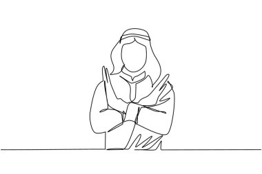 Devamlı bir çizgi, genç bir Arap 'ın kollarını kavuşturması ve el kol hareketi yapmaması. X şeklini alan kişi, elleri ve negatif ifadesi olan dur işareti. Tek çizgi çizimi tasarım vektörü grafik çizimi