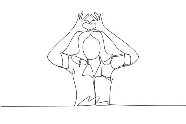 Tek sıra halinde genç bir kadın parmaklarıyla kalp sembolü yapıyor ya da işaret ediyor. Modern kadın yaşam tarzı, sağlık hizmeti, aşk şekli konsepti. Aralıksız çizgi çizimi tasarım grafik vektör çizimi