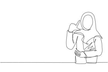 Mutsuz bir Arap kadının alnına parmaklarıyla ezik işareti çizmesi. Stresli trend insan el kol hareketi yapıyor. Kadın 'L' sembolü yapıyor. Tek çizgi çizme tasarım vektörü