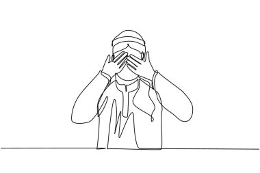 Sürekli bir çizgi çizen genç Arap adam, tiksinti ve bir şeyi görme isteksizliği yüzünden gözlerini kapatıyor. Korku ya da üzüntü izole edilmiş. Tek çizgi çizimi tasarım vektör çizimi