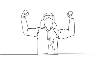 Şirketimizin mutlu Arap erkek çalışanını çeken tek satır güçlü bir duruşta duruyor. İş adamı el hareketi yapar. Ofis çalışanı. Başarı konsepti. Devamlı çizgi çizimi tasarım vektörü illüstrasyonu