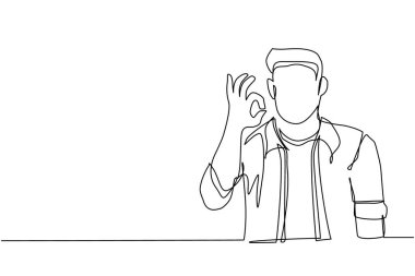 Tek sıra halinde sıradan giyinmiş bir adam çiziyor, işaret veriyor. Tamam işaret dili, jest dili kavramı. Gülümseyen adam parmaklarıyla işaret veriyor. Tek çizgi çizimi tasarım vektör çizimi