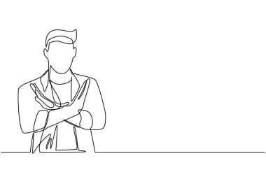 Aralıksız tek sıra halinde genç bir adam kollarını kavuşturuyor ve hareket yok diyor. X şeklini alan kişi, elleri ve negatif ifadesi olan dur işareti. Tek çizgi çizimi tasarım vektörü grafik çizimi