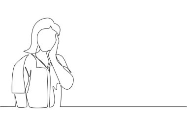 Çapraz elle el ele tutuşan genç bir kadını çizmeye devam et. Sıkılmış ya da yorgun bir insan el ele tutuşuyor. Diş ağrısı çeken bir kadın. Tek çizgi çizimi tasarım vektörü grafiği