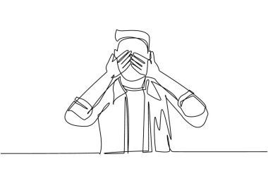 Tek sıra çizen genç adam, tiksinti ve bir şeyi görme isteksizliği yüzünden gözlerini elleriyle kapatıyor. Korku ya da üzüntü izole edilmiş. Aralıksız çizgi çizimi tasarım grafik vektör çizimi