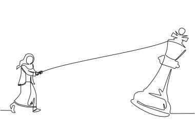 Tek sıra halinde, Arap iş kadını büyük satrancı iple çekiyor. İş başarısı hedefi, strateji, rekabetçi, stratejik kavram. Devamlı çizgi çizimi tasarım vektörü illüstrasyonu