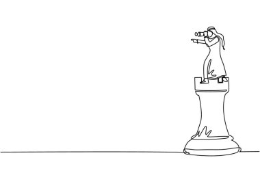 Teleskop kullanarak başarıyı, fırsatları ve gelecekteki iş eğilimlerini arayan Arap işadamını büyük kalenin tepesine çeken tek sıra. Bir çizgi çizimi tasarım vektörü illüstrasyonu