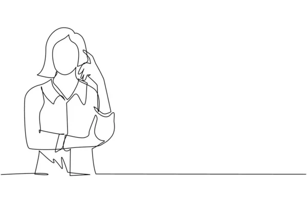 Una Sola Línea Continua Dibujando Una Mujer Tocando Sus Sienes — Vector de stock