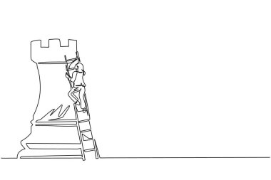 Devamlı bir çizgi çizen işkadını merdivenle dev bir kale taşına tırmanıyor. İş stratejisi ve pazarlama planı. İş konseptinde stratejik bir hamle. Tek çizgi çizimi tasarım vektör çizimi
