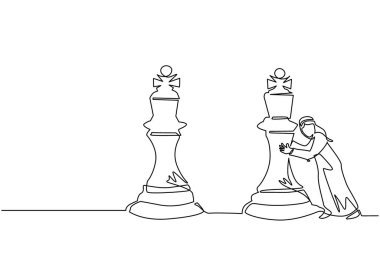 Sürekli olarak Arap işadamlarının çizdiği bir çizgi, büyük kral satranç taşını itiyor. İş stratejisi ve pazarlama planı. İş konseptinde stratejik bir hamle. Tek çizgi çizimi tasarım vektörü grafik çizimi