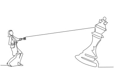 Tek sıra halinde iş kadını, büyük satrancı iple çekiyor. İş başarısı hedefi, strateji, rekabetçi, stratejik kavram. Aralıksız çizgi çizimi tasarım grafik vektör çizimi