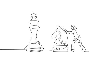 Tek sıra halinde iş kadını, büyük bir satranç taşını itiyor. İş stratejisi ve pazarlama planı. İş konseptinde stratejik bir hamle. Aralıksız çizgi çizimi tasarım grafik vektör çizimi