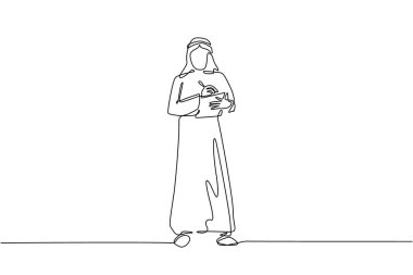 Tek sıra halinde, erkek ofis sekreterinin not panosuyla yazı yazması. Zarif giyimli Arap bir adam, evrak işlerine yardım ediyor. İş kıyafetleri modası, şehir modası. Bir çizgi çizme tasarım vektörü