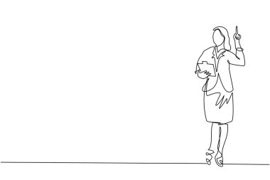 Tek sıra halinde, takım elbiseli genç iş kadını elinde pano, işaret parmağıyla işaret ediyor. Aktif kişi dosya defterini elinde tutuyor. Aralıksız çizgi çizimi tasarım grafik vektör çizimi